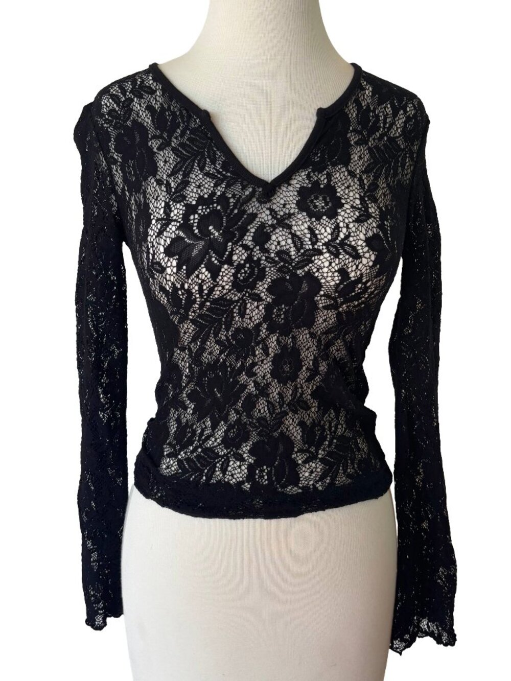 Vintage Black Lace V Neck Long Sleeve Stretchy Bodycon Sheer Top Flared Sleeve